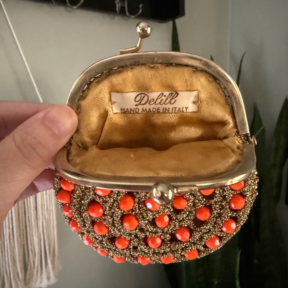 VTG 50s Delill Beaded Gold Crochet Coin Purse Made in Italy - Picture 3 of 8